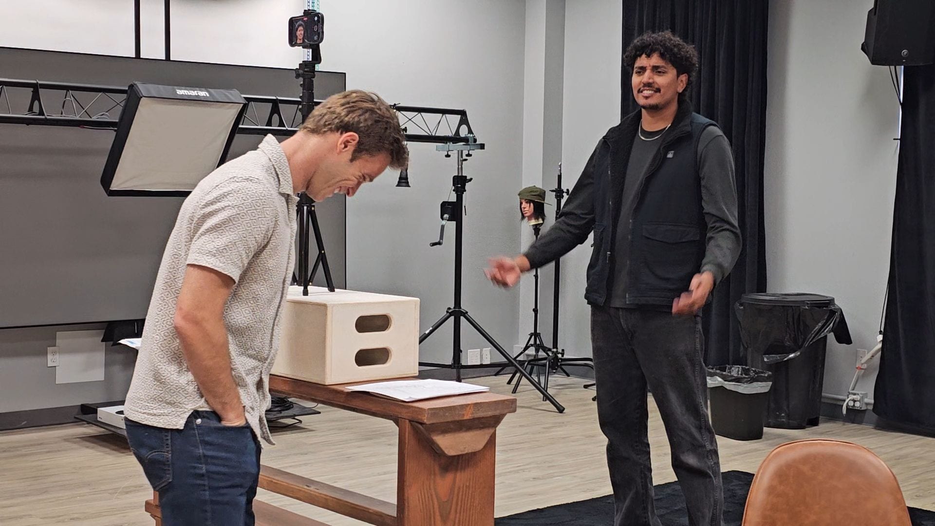 José Alfredo Alvarez rehearsing with a scene partner in an acting workshop.