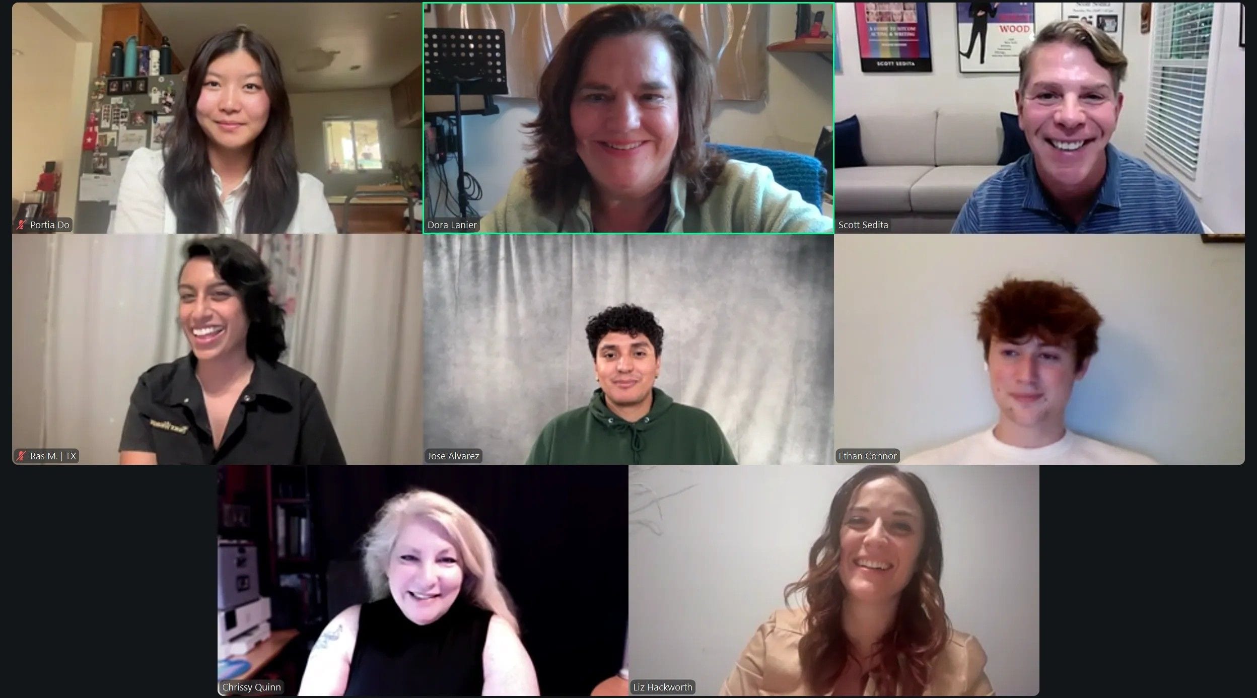 A group of actors attending an online training workshop.