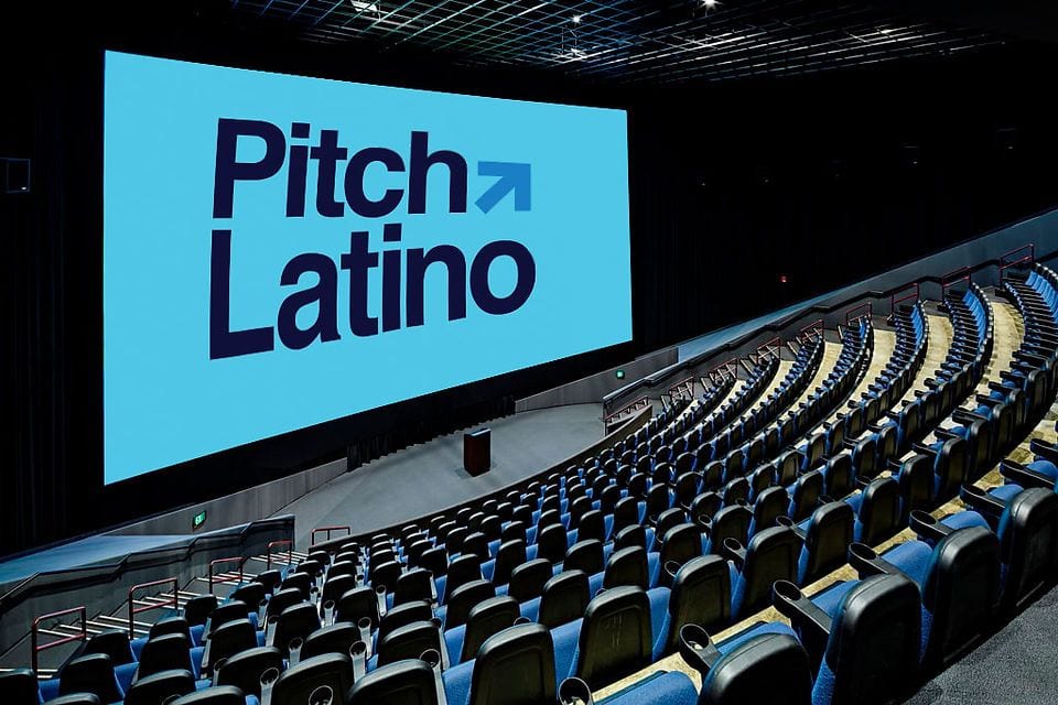 Auditorium screen displaying the Pitch Latino identity.